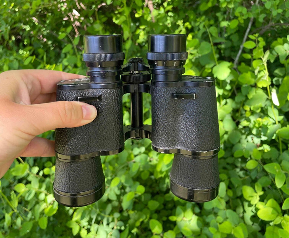 Eine Hand hält ein getestetes Fernglas vor Pflanzen.