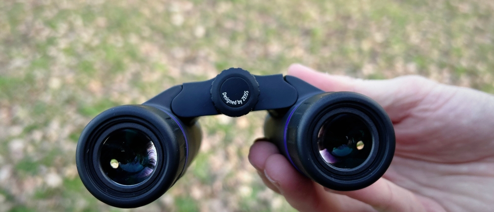 Das Zeiss-Terra-ED-Pocket-Fernglas aus der Rückansicht mit der Gravur „Designed by Zeiss“. Die kompakte Bauweise unterstreicht das moderne und funktionale Design.