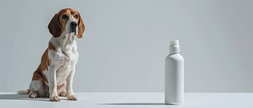 Ferhaltespray für Hunde im Test: Ein Beagle, der einen sicheren Abstand zu einer Sprühflasche hält.