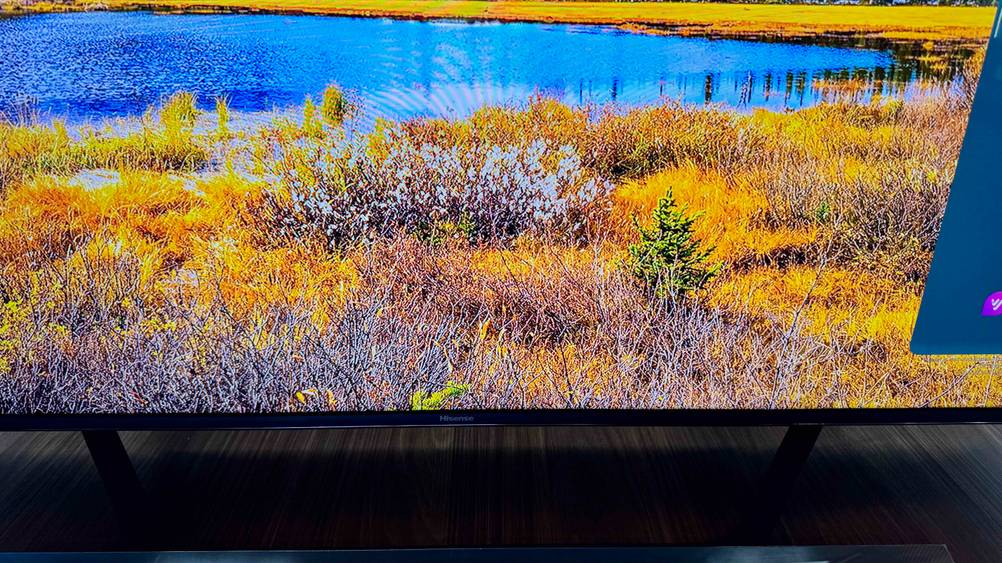 Fernseher bis 1000 Euro im Test: Nahaufnahme des Bildschirms und es Randes.