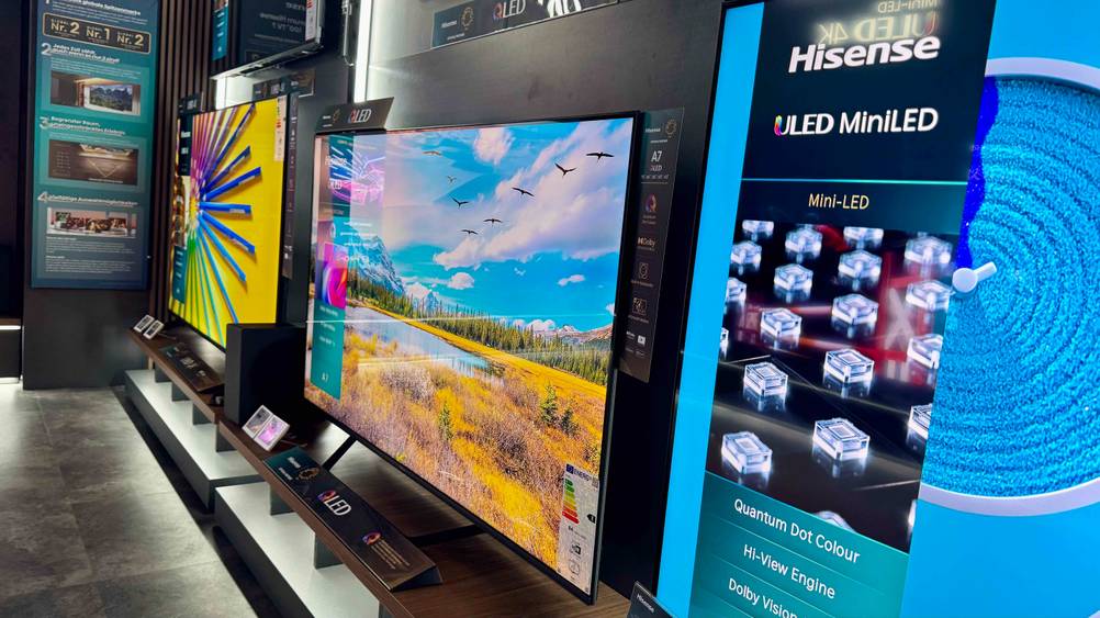 Auf einem Regal steht der Fernseher bis 1000 Euro im Test zwischen anderen Geräten.