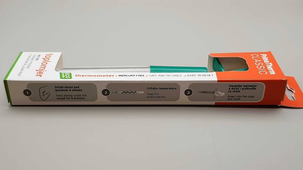 Seitenansicht der Originalverpackung des Fieberthermometer analog im Test.