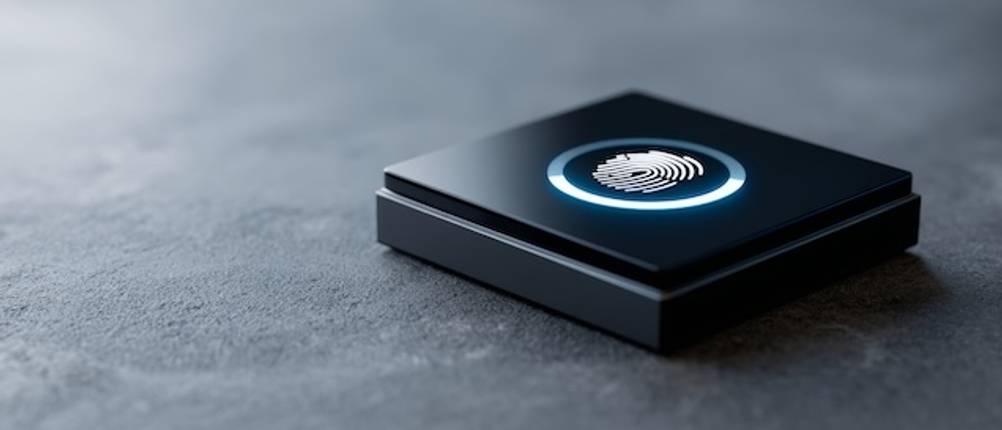 Fingerabdruckscanner im Test: Ein externer schwarzer Fingerabdruckscanner auf einer grauen Tischplatte.