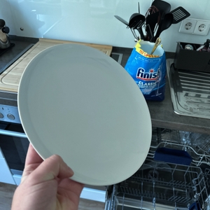 Ein gesäuberter Teller ist vor einer Küchenzeile zu sehen.