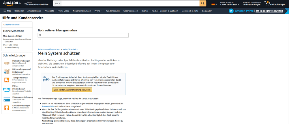 Meine Sicherheit-Seite eines Amazon Kontos