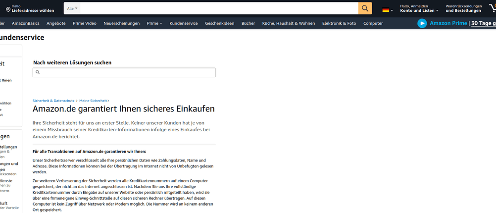 Meine Sicherheit Seite mit Info über sicheres Einkaufen bei Amazon
