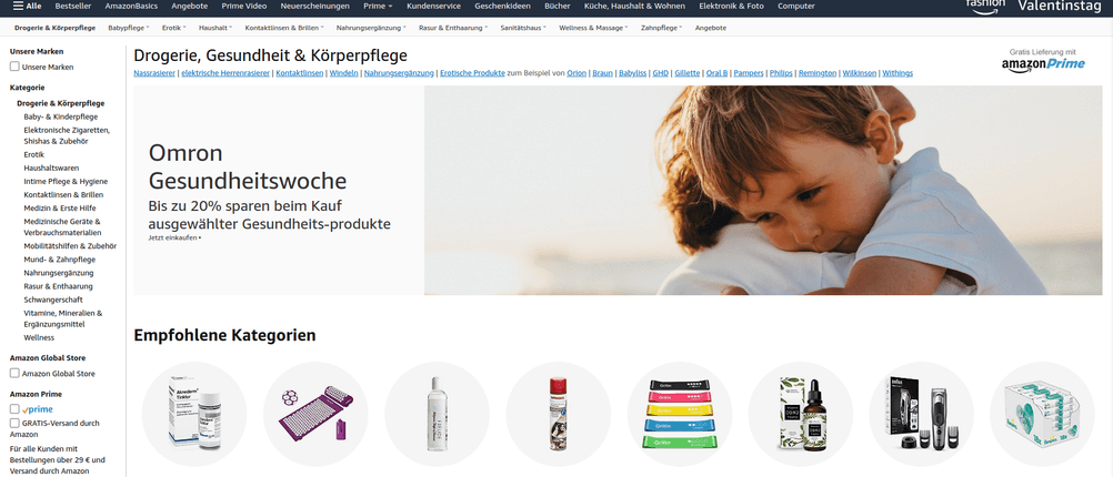 Übersicht der Kategorie Drogerie, Gesundheit und Körperpflege bei Amazon