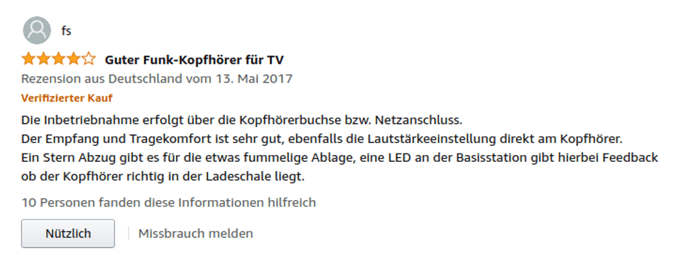 Rezension bei Amazon eines Funk-Kopfhörers
