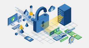 Ein grafische Darstellung verschiedener Computer-Komponenten und Geräte – in der Mitte ein großes Schloss.