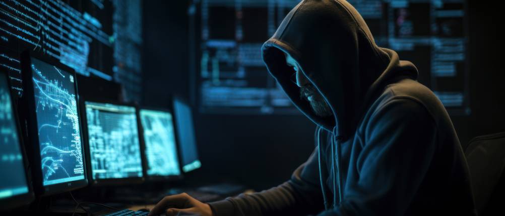 Firewall-Test: Ein Hacker sitzt an einem PC.