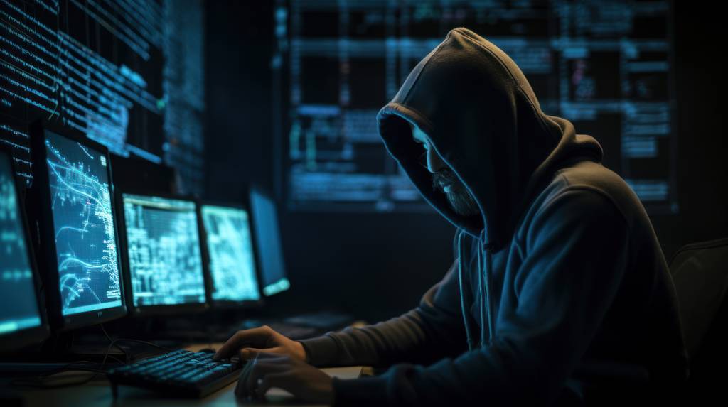 Ein Hacker mit verdecktem Gesicht sitzt vor mehreren Computerbildschirmen.