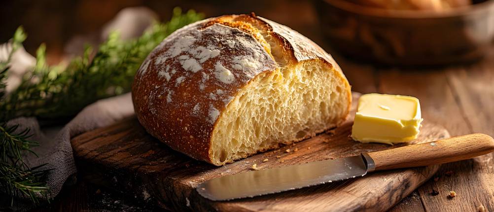 Fiskars-Brotmesser im Test: Brot auf einem Brett mit kurzem Brotmesser und Butter davor