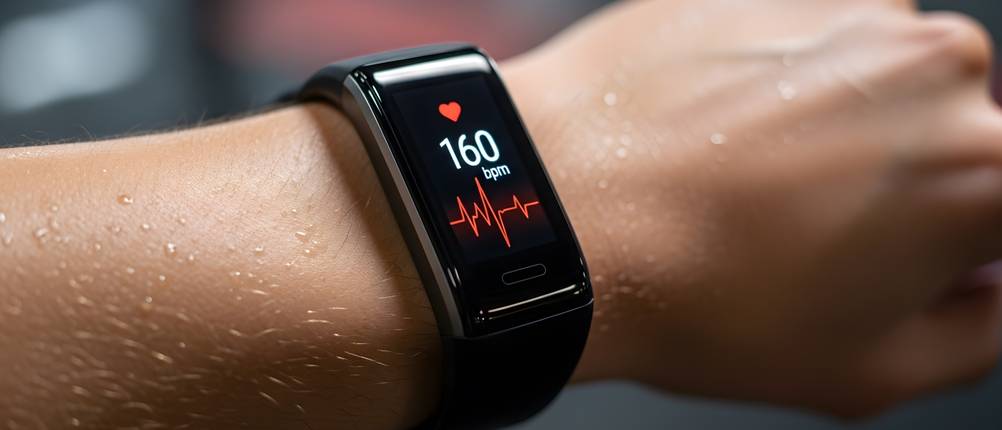 Fitnesstracker-mit-Blutdruckmessung-Test: Nahaufnahme eines Fitnesstrackers an einem Handgelenk. Auf dem Display wird die Herzfrequenz angezeigt.