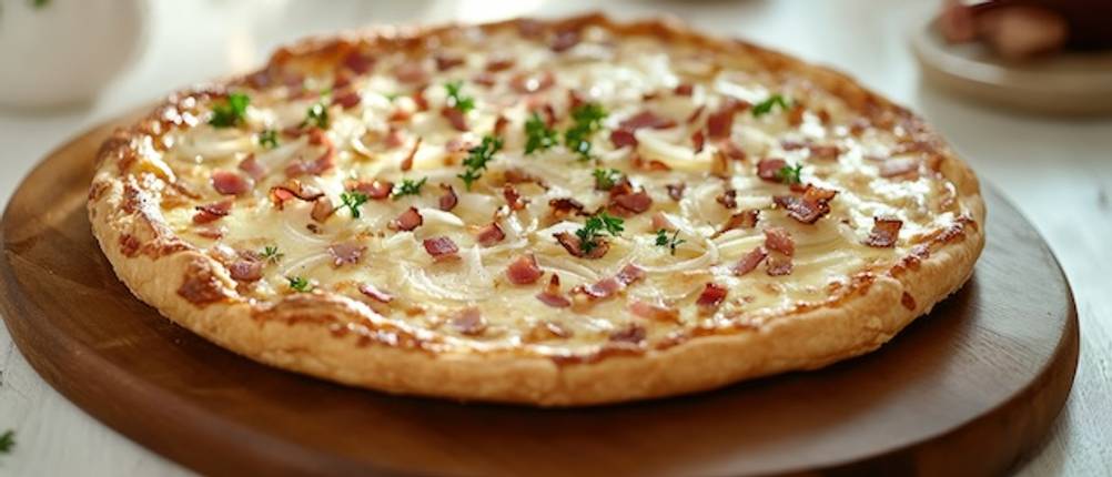 Rundes Flammkuchenbrett im Größen-Test: Ein dunkles, rundes Flammkuchenbrett mit Flammkuchen in Großaufnahme.