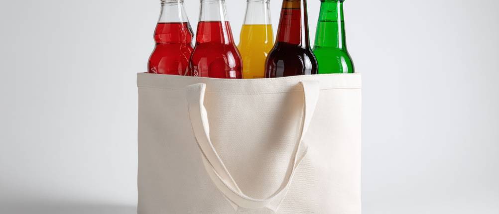 flaschentasche im test: weiße Stofftasche mit verschiedenfarbigen Limonadenflaschen