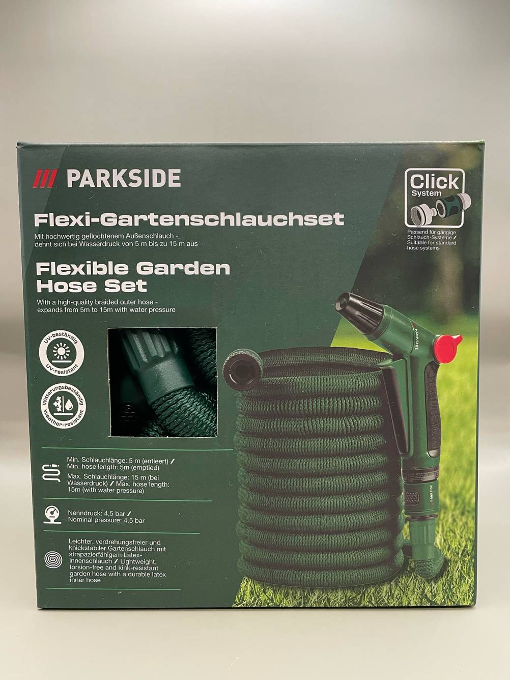 Der getestete flexible Gartenschlauch (15m) in der Originalverpackung.