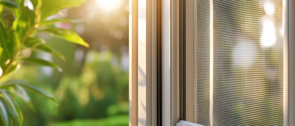 Ein geöffnetes Fenster mit eingebautem Fliegengitter und Sonnenschein.