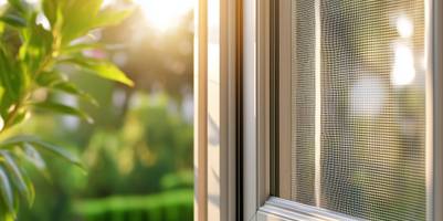 Ein geöffnetes Fenster mit eingebautem Fliegengitter und Sonnenschein.