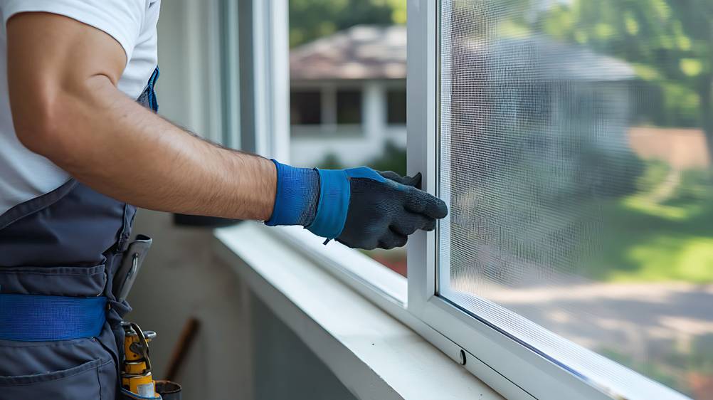 Ein Handwerker montiert ein Fliegengitter in einen Fensterrahmen.