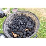 Flüssiger Grillanzünder wird auf Kohlen in einem Grill gespritzt.