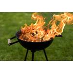 Flammen kommen aus einem schwarzen Grill, der auf einer Wiese steht.