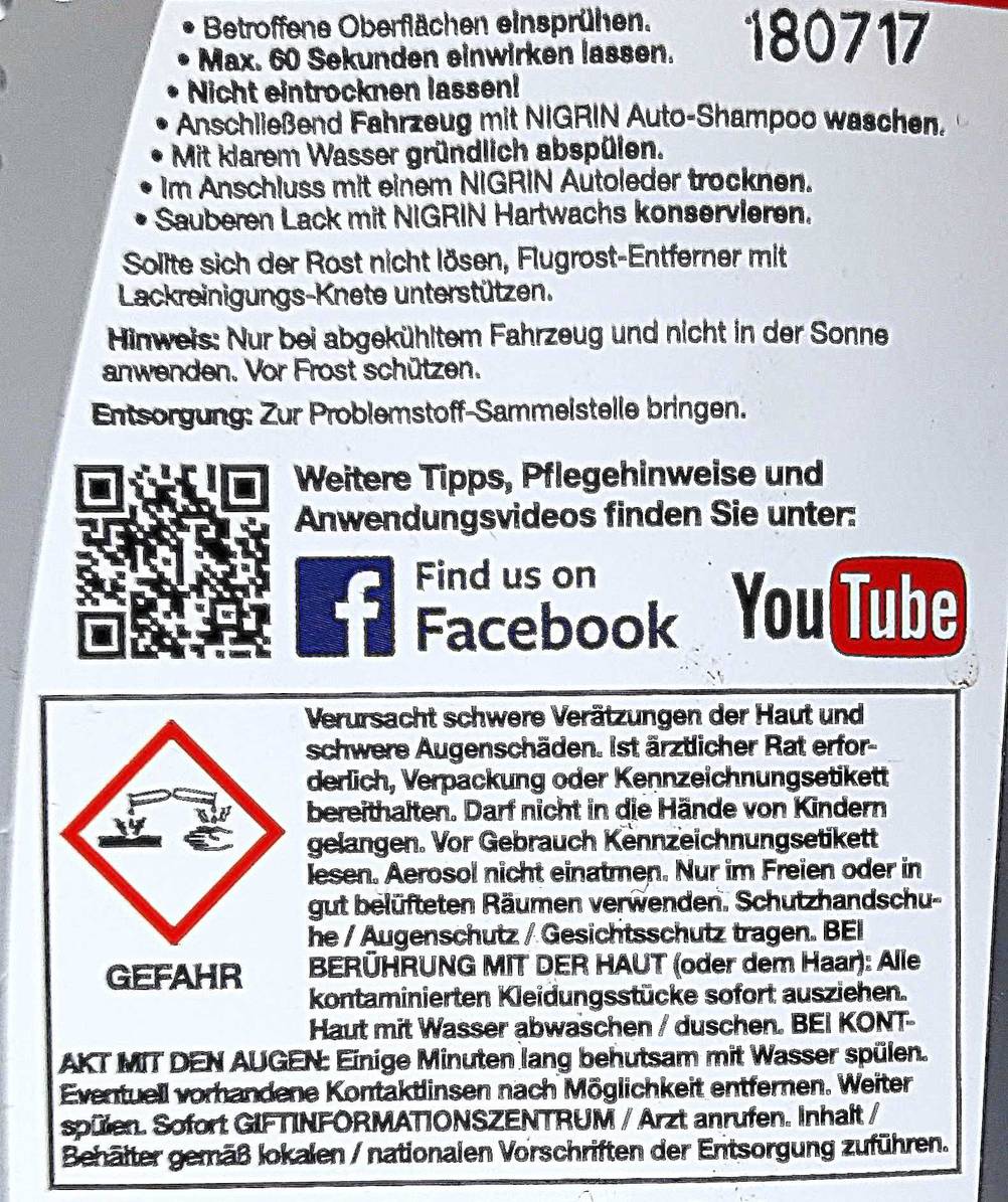 Flugrostentferner getestet: Nahaufnahme des Etikettes auf der Rückseite der Flasche.