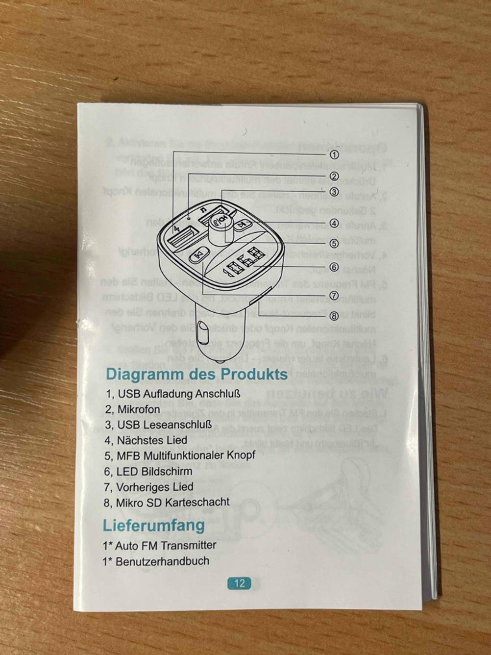 FM-Transmitter-Test: Ansicht des Produktdiagramms auf Seite 12 des Handbuchs.