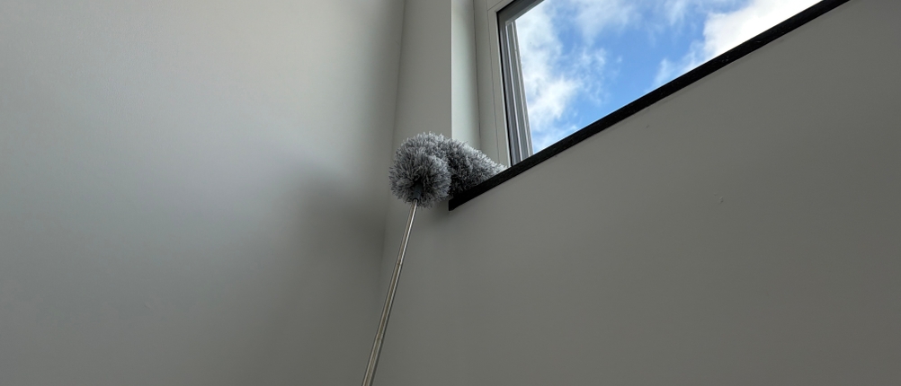 Mit dem Fogray-Staubwedel wird eine hohe Fensterbank gereinigt.