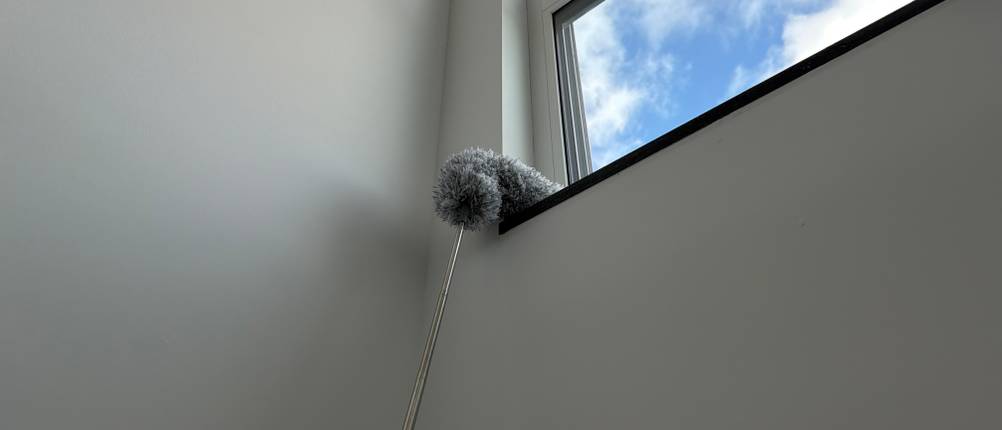 Mit dem Fogray-Staubwedel wird eine hohe Fensterbank gereinigt.