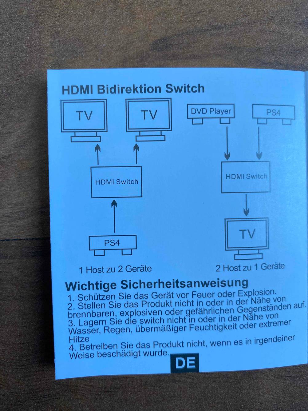 Deutschsprachige Sicherheitsanweisung zu einem getesteten HDMI-Splitter 1 in 2 out.