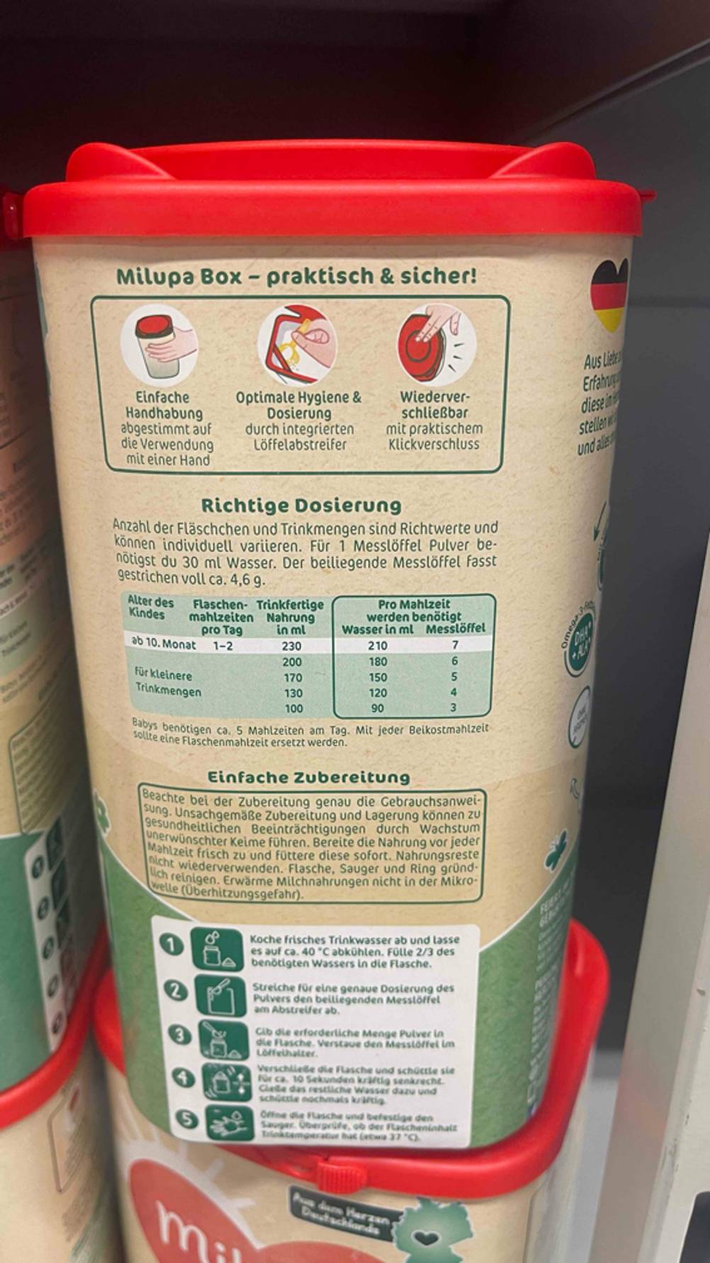 Folgemilch 3 getestet: Auf der Packungsseite stehen Informationen zur Dosierung.
