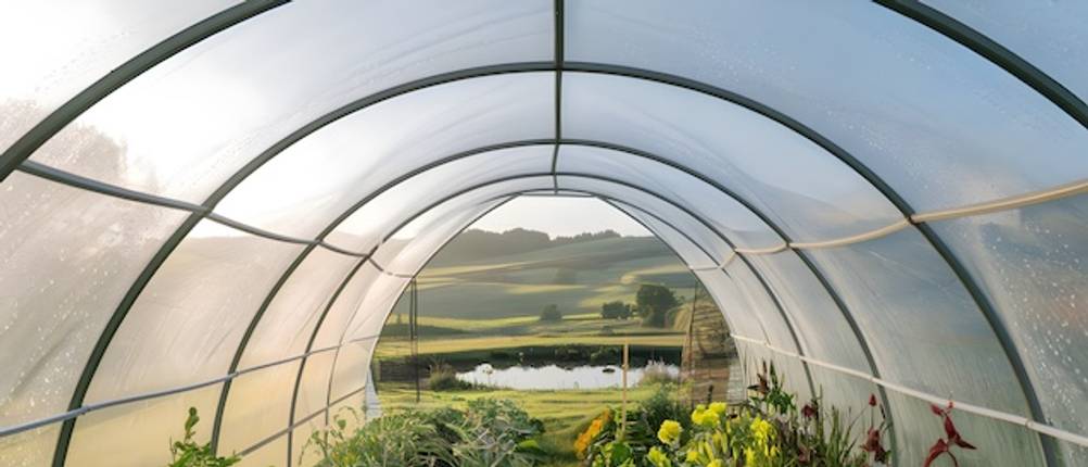 Folientunnel im Test: Blick aus einem Folientunnel hinaus auf einen kleinen See und eine Landschaft.