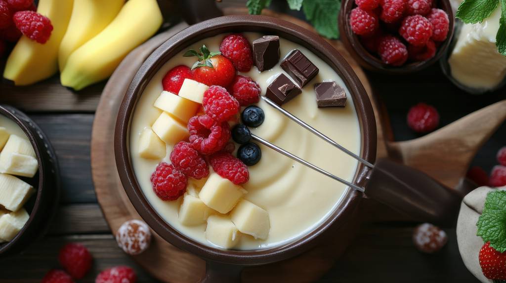 Fondue-Schokolade-Test: In einem Schokofondue befinden sich Fonduegabeln, geschmolzene weiße Schokolade und Früchte. 