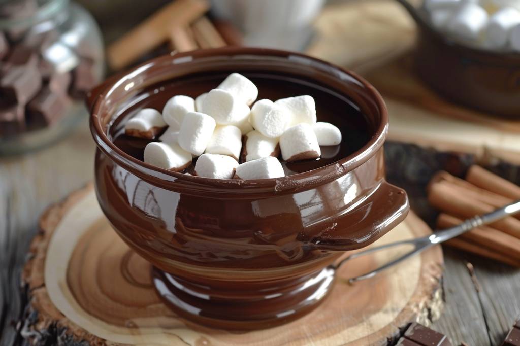 Fondue-Schokolade-Test: Eine Schokofondue-Tasse steht auf einem Holzbrett und enthält geschmolzene Schokolade und Marshmallows. 