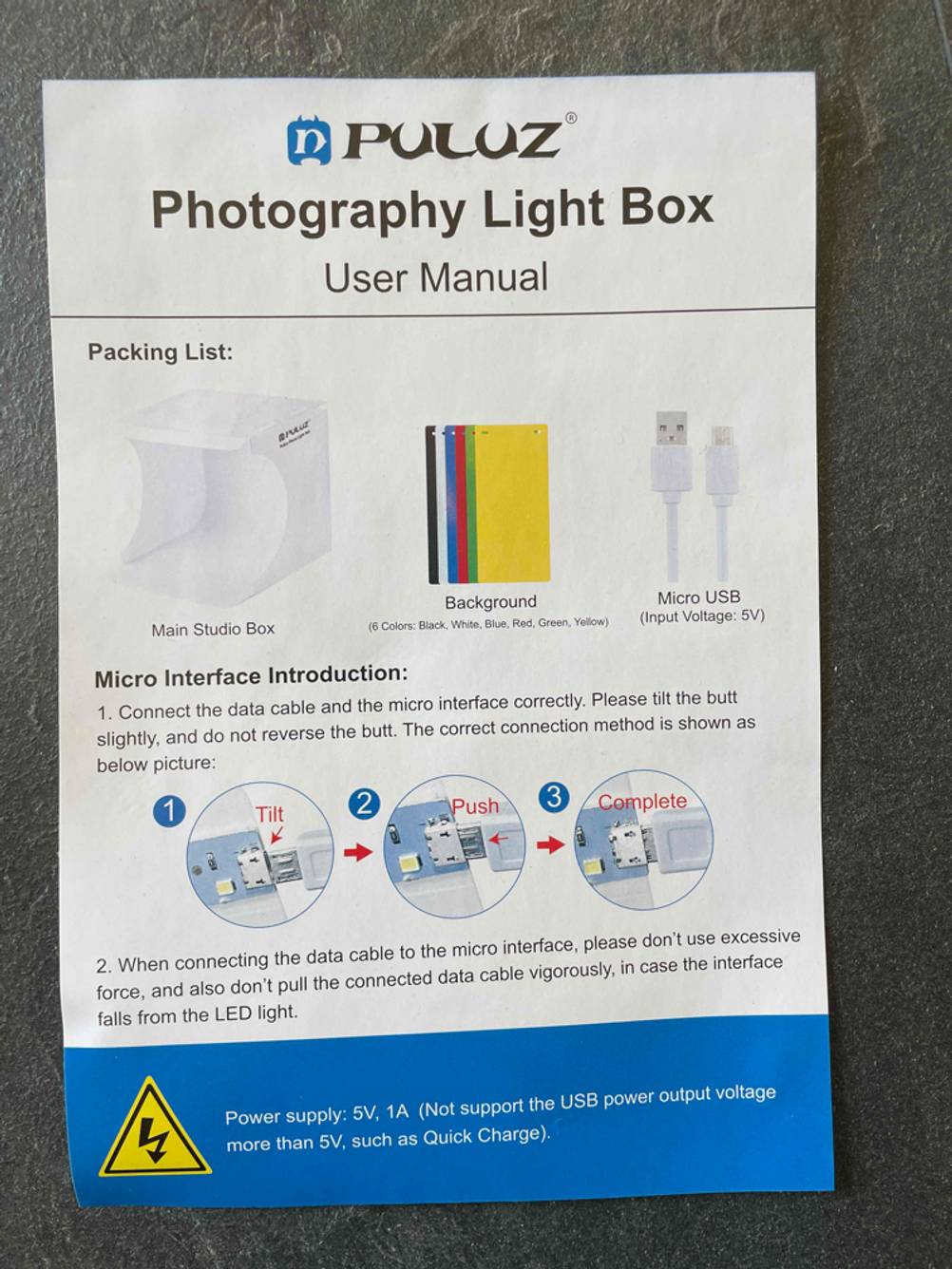 Fotobox-Test: Nahaufnahme der Bedienungsanleitung.