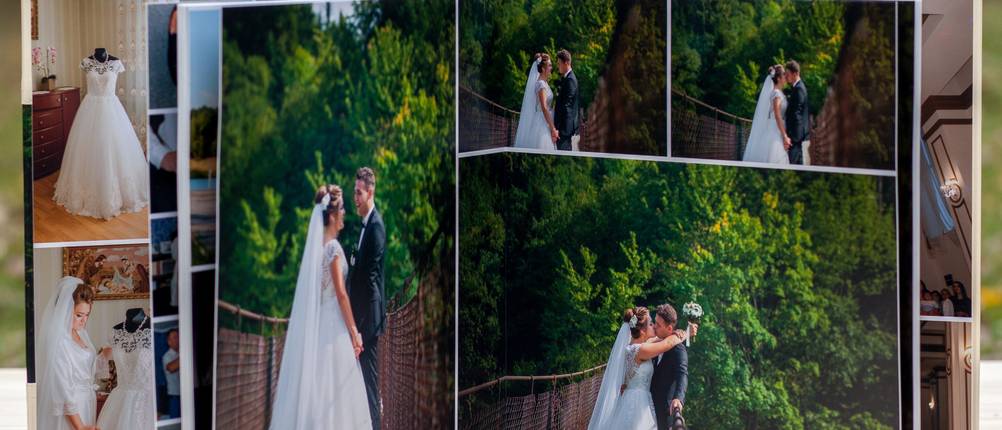Fotobuch im Test: Ein aufgeklapptes Fotobuch mit Hochzeitsbildern