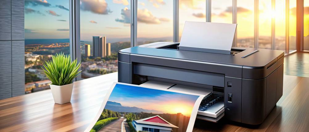 Fotopapier-A3-Test: Tintenstrahldrucker mit Farbfotoausdruck im modernen Büro mit Blick auf die Skyline einer Stadt.