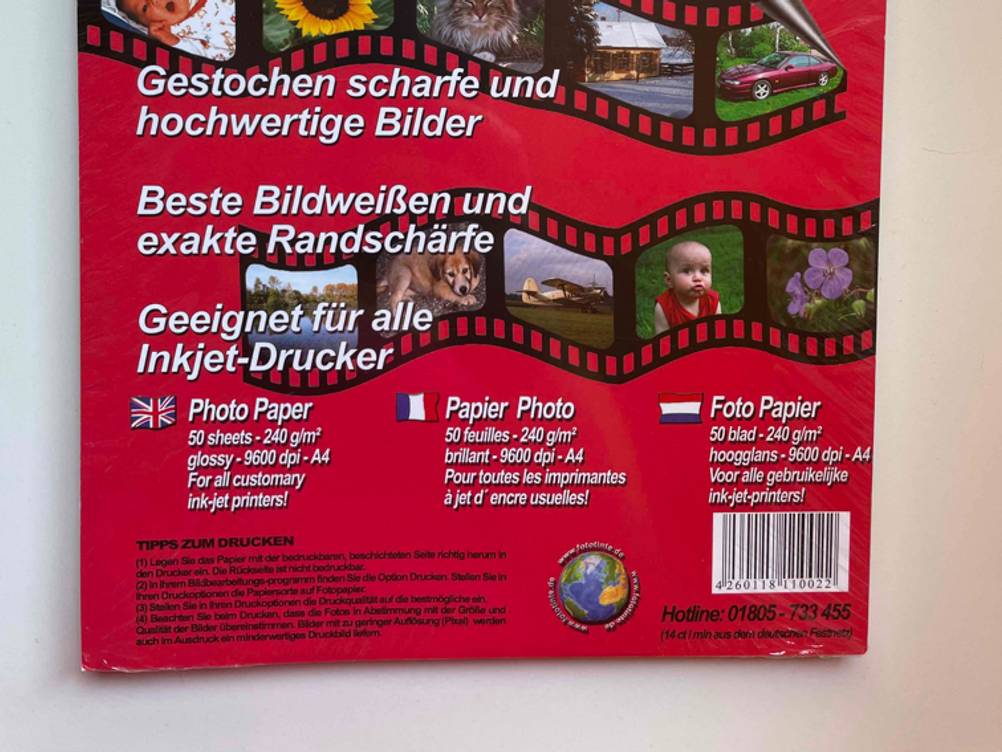 Fotopapier getestet: Nahaufnahme der Vorderseite der Verpackung mit Informationen zur Qualität.