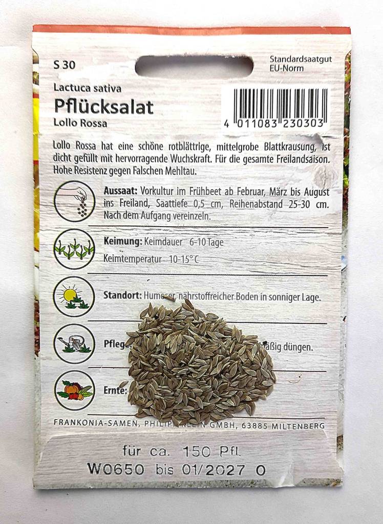 Gemüsesamen-Test: Eine Tüte mit Pflücksalat-Samen, auf der eine Anwendungsbeschreibung zu sehen ist.