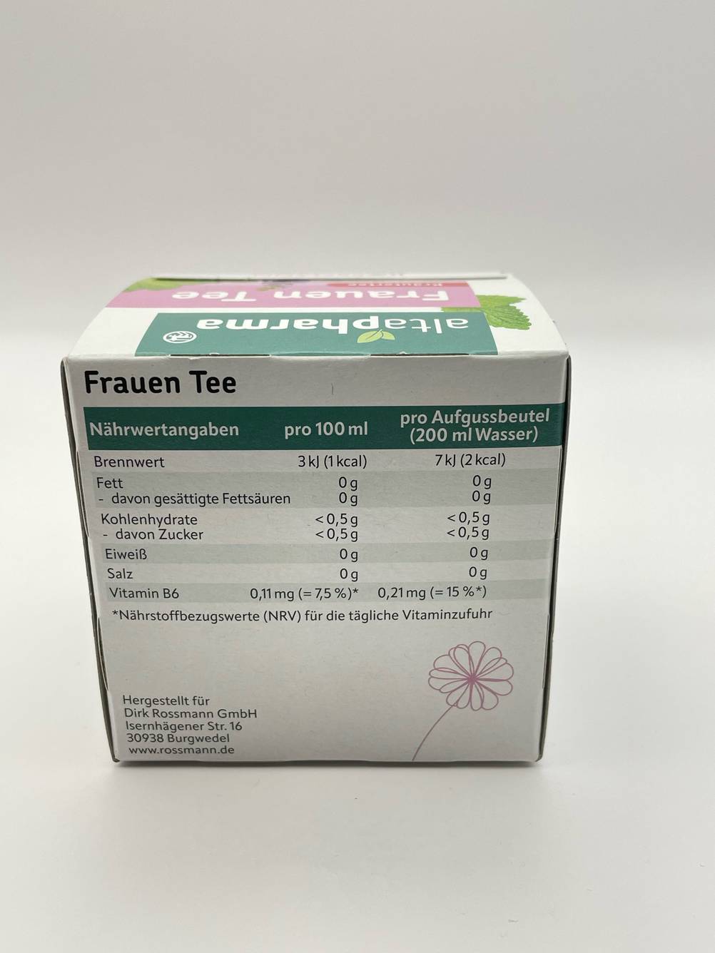 Frauenmanteltee im Test: Nahaufnahme der Nährwerte auf der Verpackung.