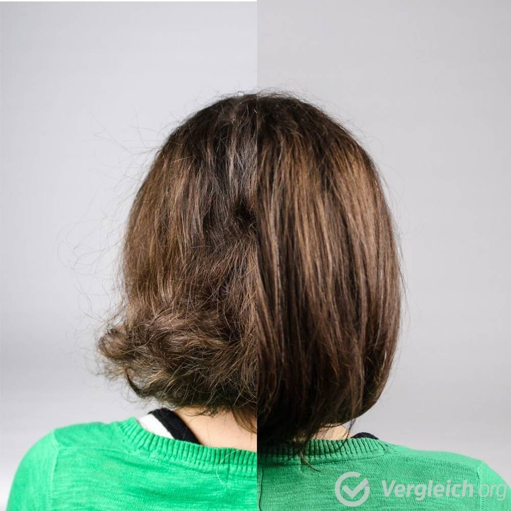 Vor-/Nachher-Ergebnis eines Haartrockners im Test.