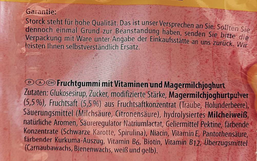 Fruchtgummi getestet: Nahaufnahme der Rückseite der Verpackung mit Zutatenliste.