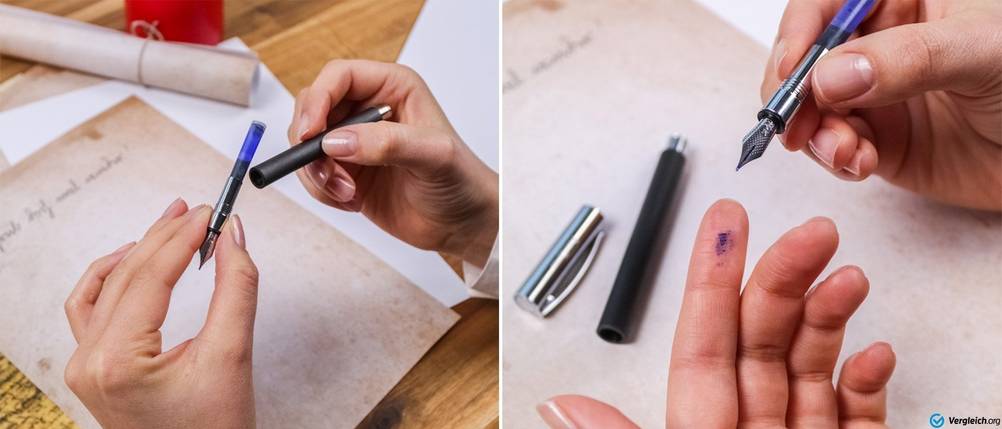 Collage aus zwei Bildern, die den Patronenwechsel eines Füllers zeigen sowie einen Tintenfleck auf den Fingern.