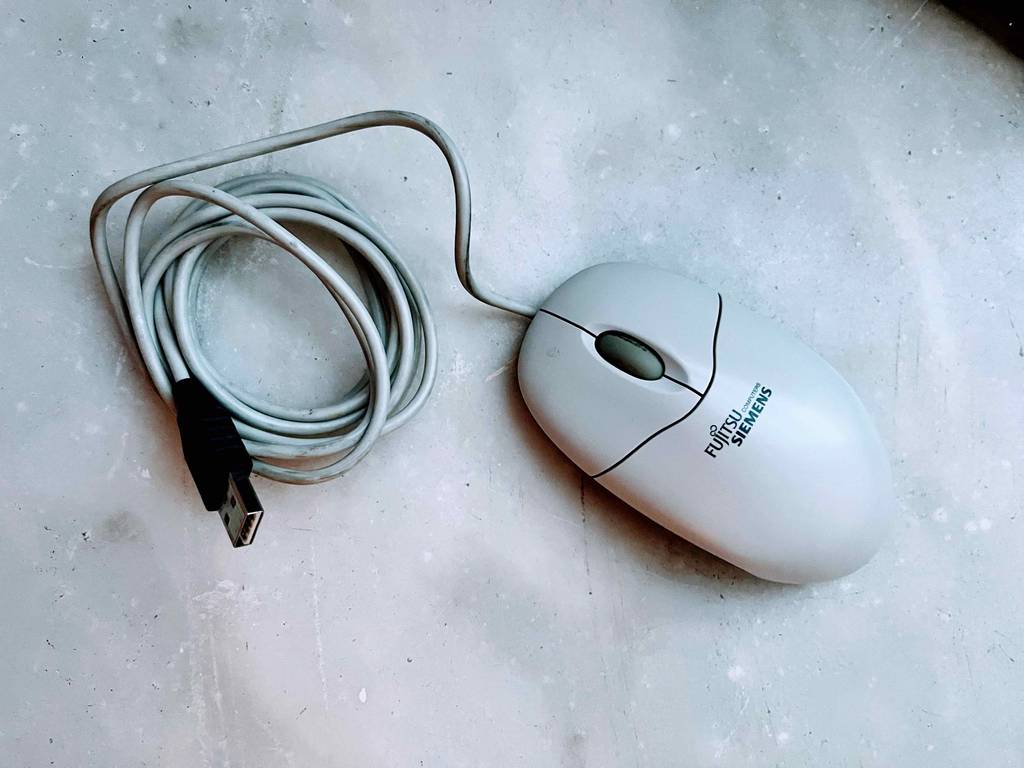 Gesamtansicht einer kabelgebundenen, weißen PC-Maus im Test.