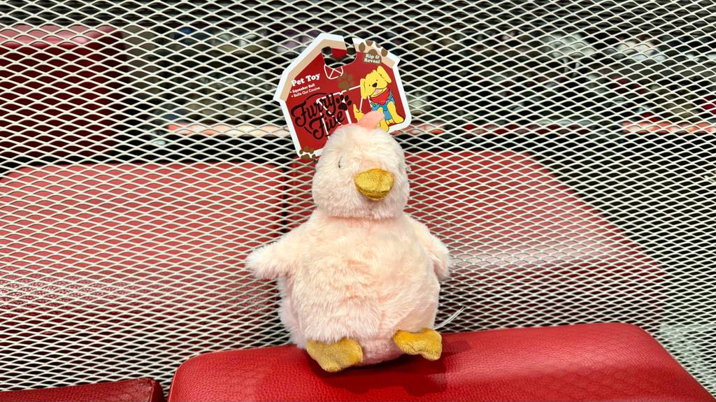 Welpenspielzeuge im Test: Eine rosa Plüschente liegt auf einem roten Hocker.