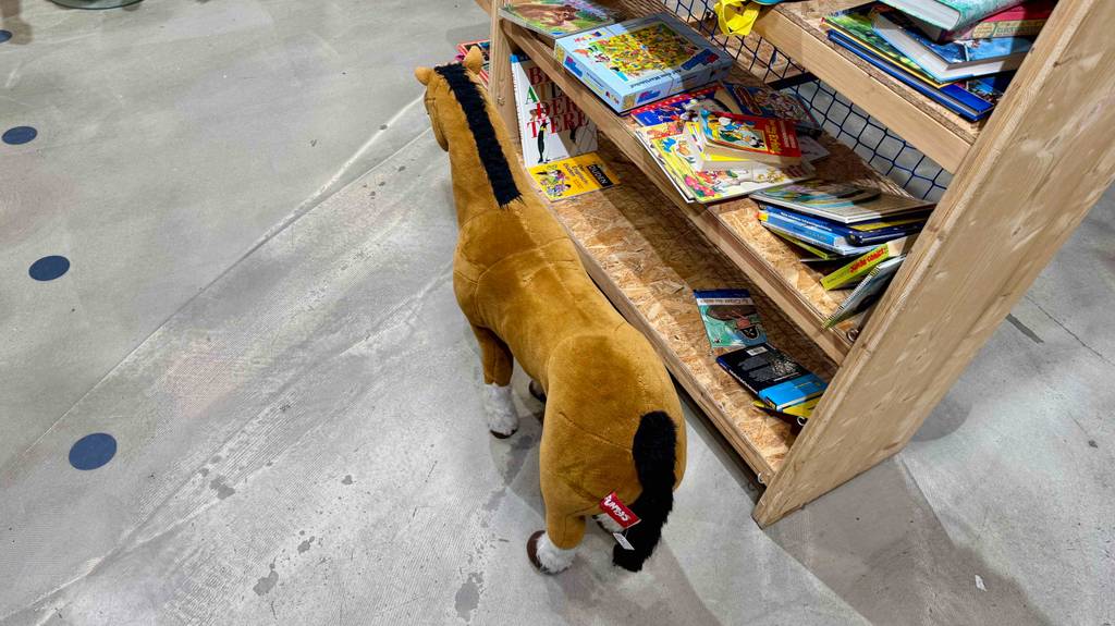 Ansicht von oben auf ein getestetes Stehpferd, das vor einem Regal mit Kinderbüchern steht.