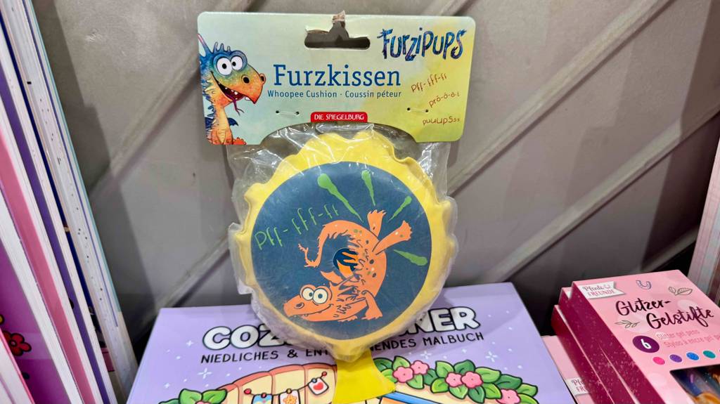 Das mit Drachenmotiv bedruckte Furzkissen im Test liegt in Zellophan eingepackt auf Kindermalbüchern.