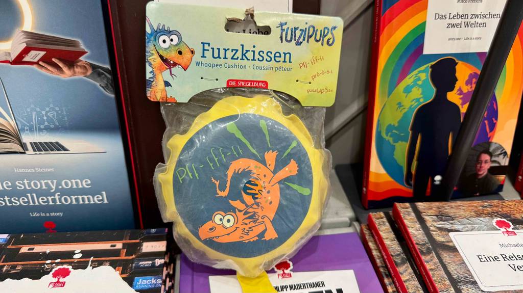 Das getestete Furzkissen mit Drachenmotiv liegt in Zellophan eingepackt auf mehreren Büchern im Geschäft.