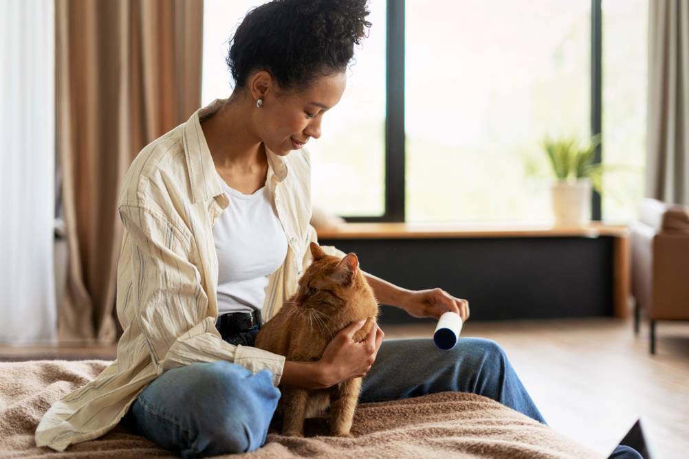 Eine junge Frau hält ihre Katze fest, während sie ihre Hose mit einer Fusselrolle von Katzenhaaren befreit.