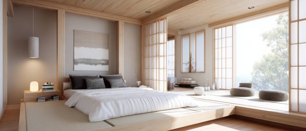 Futonbett-120-x-200-cm-Test: Ein Futonbett steht in einem Schlafzimmer im japanischen Stil. 